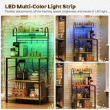 YATINEY Bakers Rack with Power Outlets and Led Lights, 4-Tier Microwave Stand, Coffee Bar Station, Kitchen Storage Shelf, Kitchen Spice Rack with S-Shaped Hooks, for Pots and Pans, Rustic Brown HB20BR YATINEY