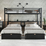 Heavy Duty Triple Bunk Bed with Storage Drawers, Shelves, Triple Bed with Charging Station, Full XL Over Twin Over Twin Triple Bunk for Kids, Teens, Black Triple Bunk Bed Bellemave