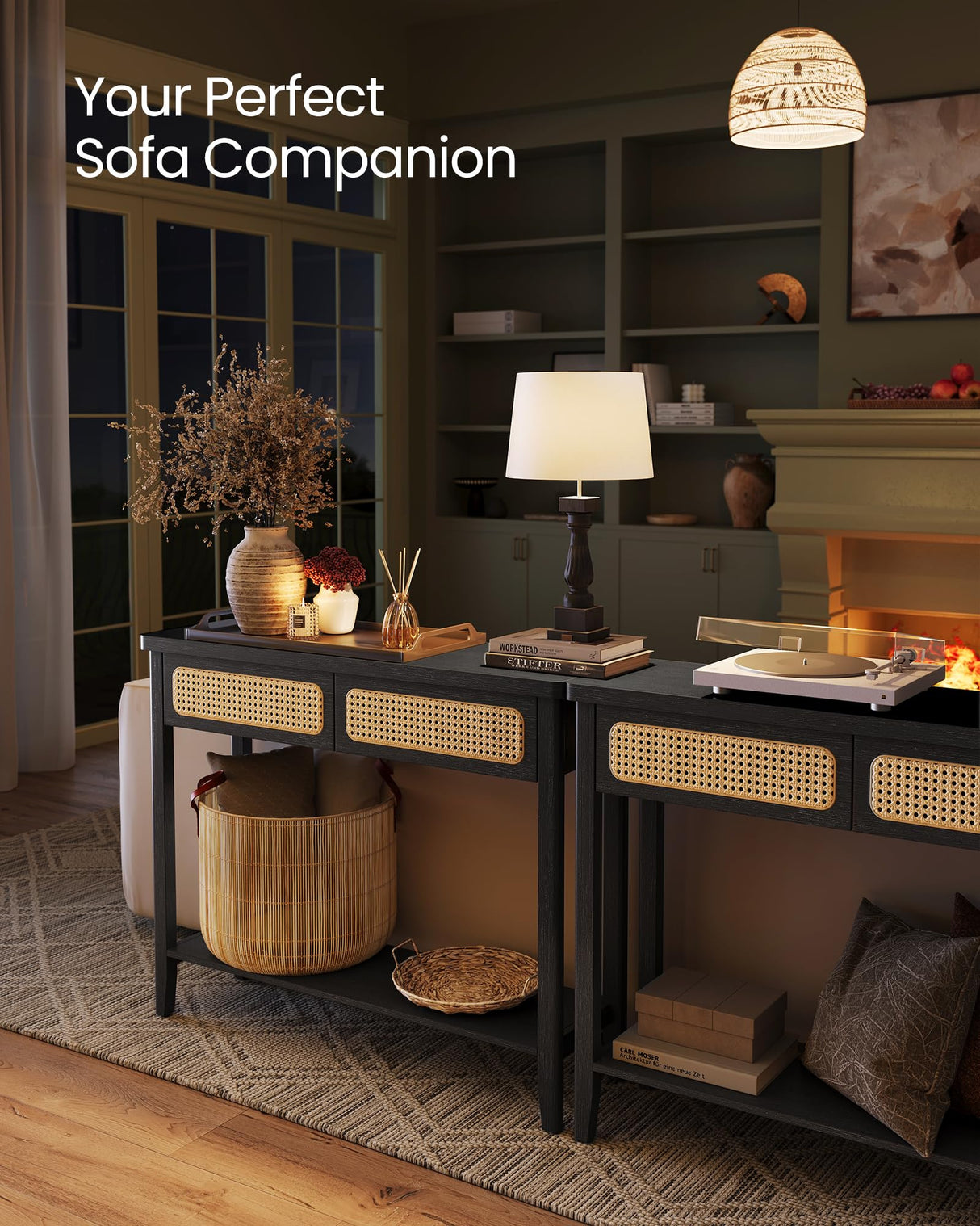 VASAGLE Console Table, Sofa Table, Narrow Entryway Table, Entry Table with 2 Drawers, Open Storage Shelf, Rounded Corners, for Living Room, Boho Style, Ash Black ULNT016B21 VASAGLE