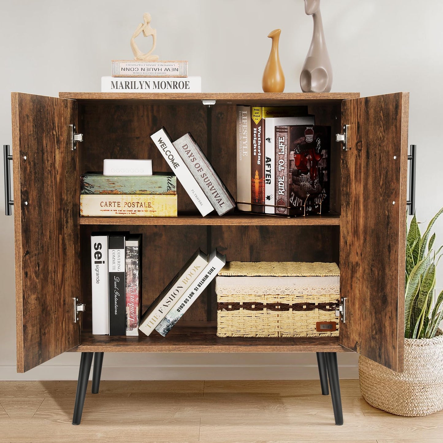 Likein Storage Cabinet with 2 Doors, Mid Century Sideboard Buffet Cabinet with Storage, Accent Storage Cabinet with Adjustable Shelves for Living Room, Office, Bedroom, Entryway, Rustic Brown