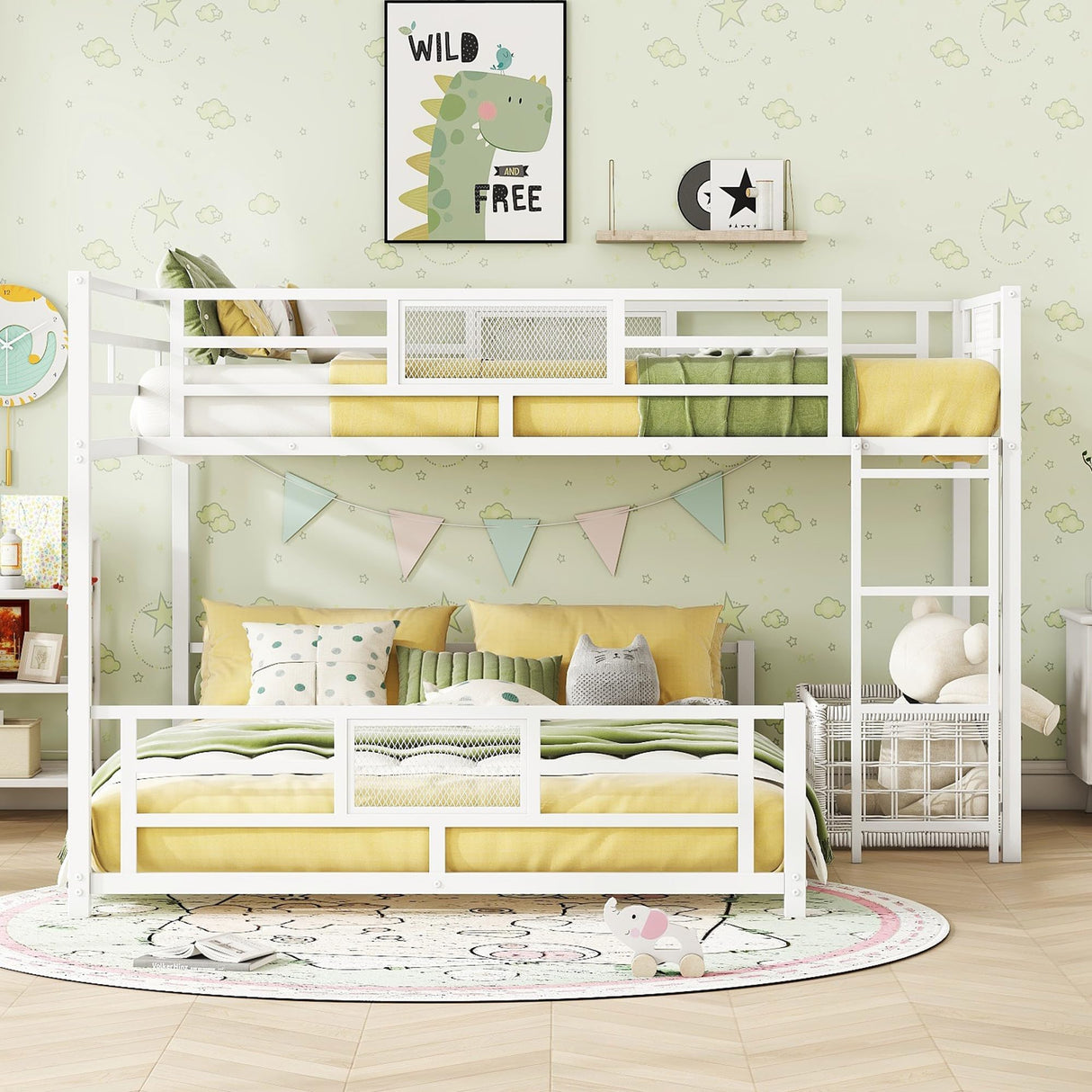 Heavy Duty Bunk Beds Twin Over Full Size, L-Shaped Bunk Bed with Full Length Guardrail and Ladder, Twin Over Full Bunk Bed on Box Spring Needed, White Bunk Bed Twin Over Full Bellemave