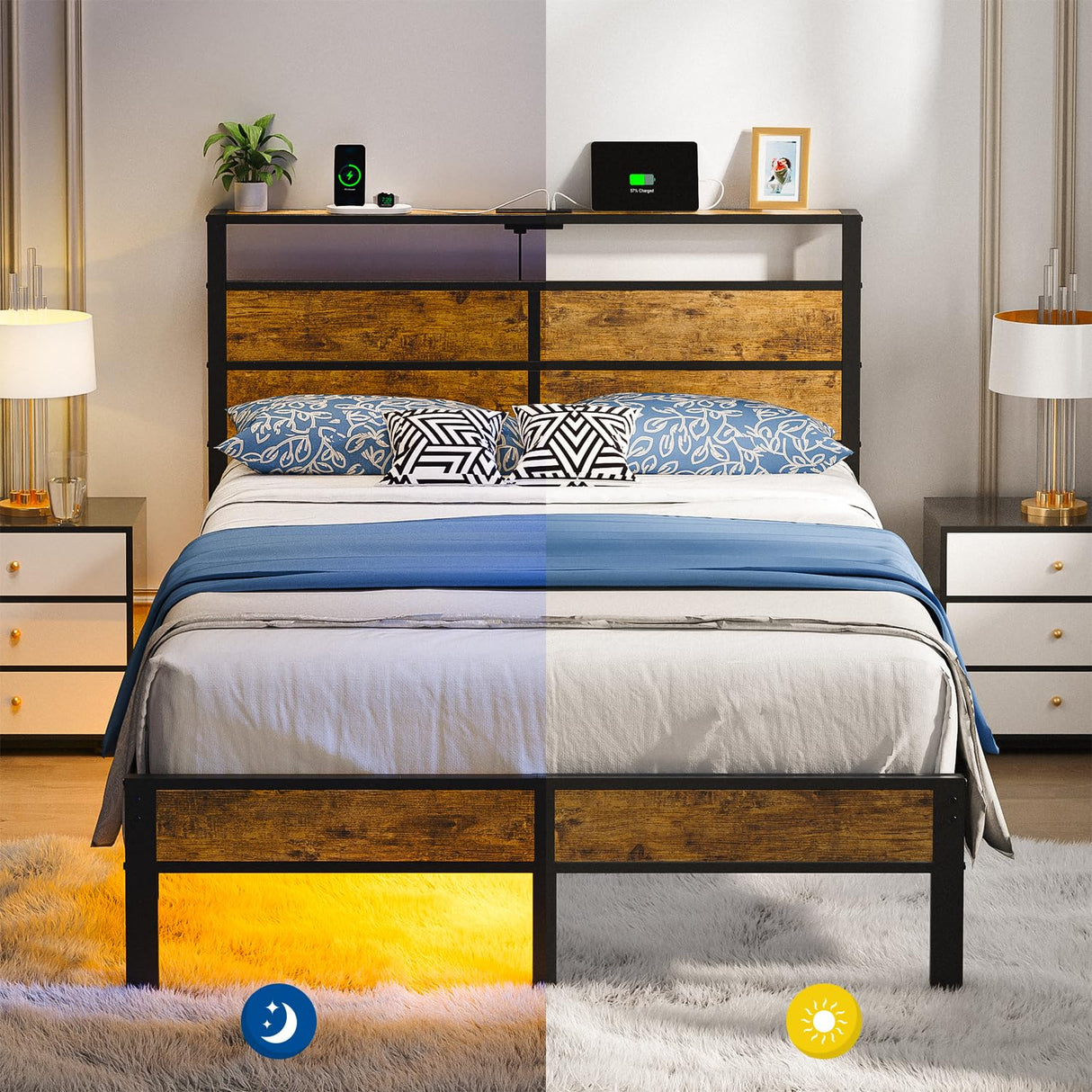 Full Metal Bed Frame with USB Charging Station, Headboard Storage, LED Lights, Noise-Free Design, No Box Spring Needed, Black Liians