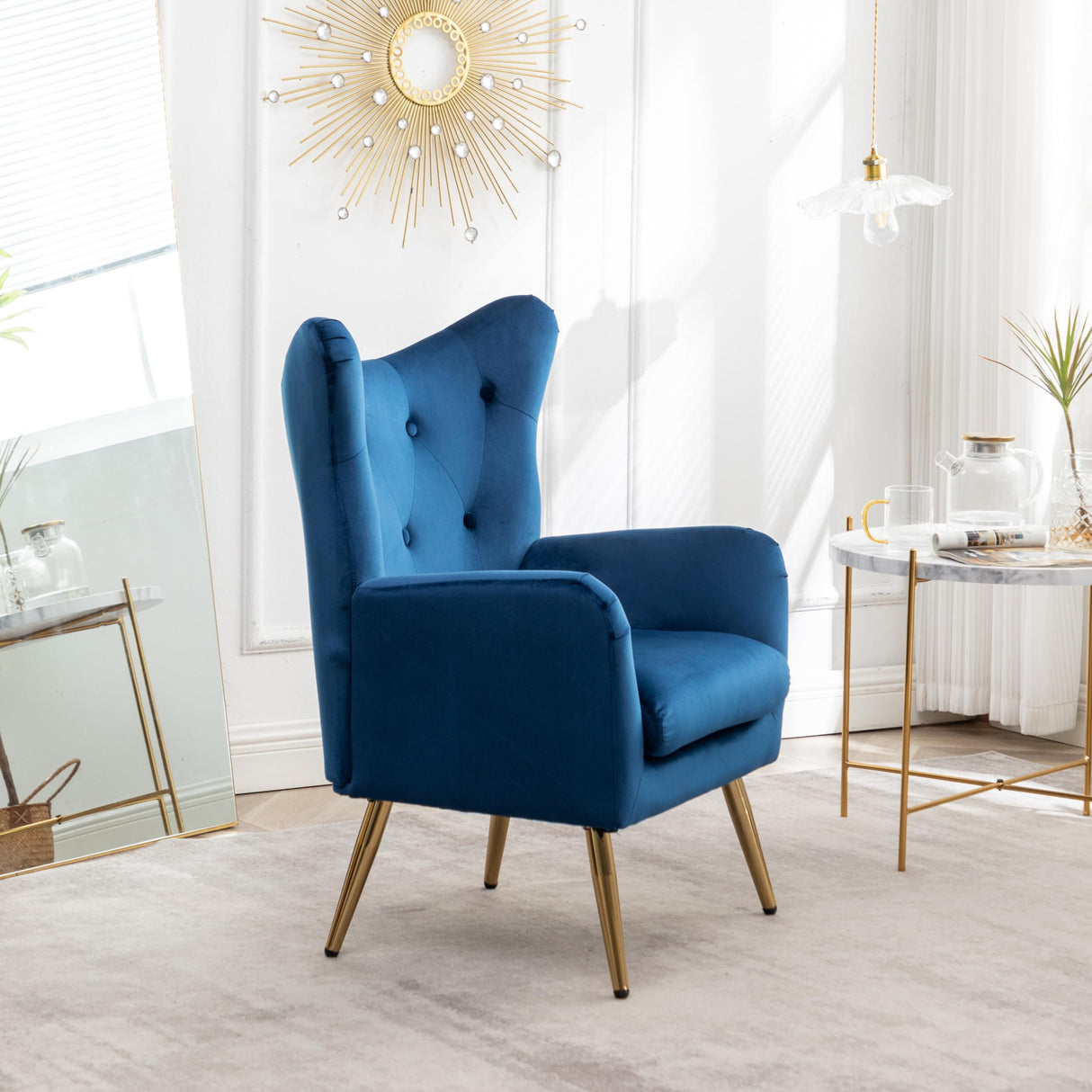 Roundhill Furniture Sovarol Velvet Button-Tufted Wing Back Accent Chair, Blue Roundhill Furniture