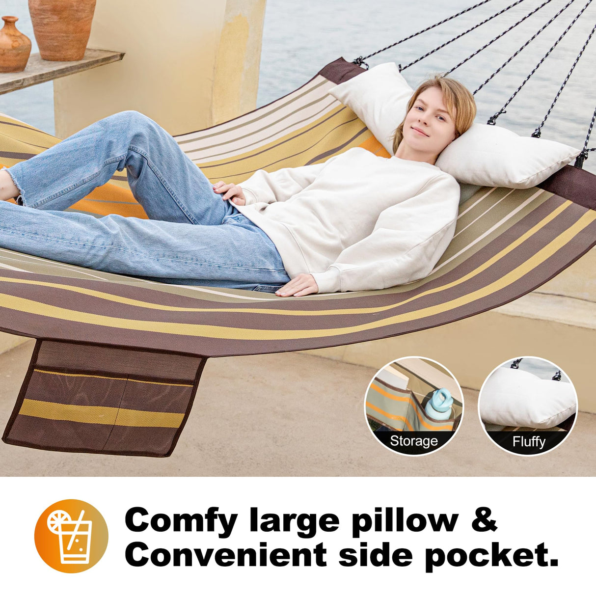 GAFETE 14ft Two Person Outdoor Hammock, Portable Camping with Folding Steel Spreader Bar, Carrying Bag, Carabiners, Tree Straps, Pillow & Sidebag, Quick Dry Textilene, 550 lbs Capacity (Coffee) gafete