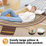 GAFETE 14ft Two Person Outdoor Hammock, Portable Camping with Folding Steel Spreader Bar, Carrying Bag, Carabiners, Tree Straps, Pillow & Sidebag, Quick Dry Textilene, 550 lbs Capacity (Coffee) gafete