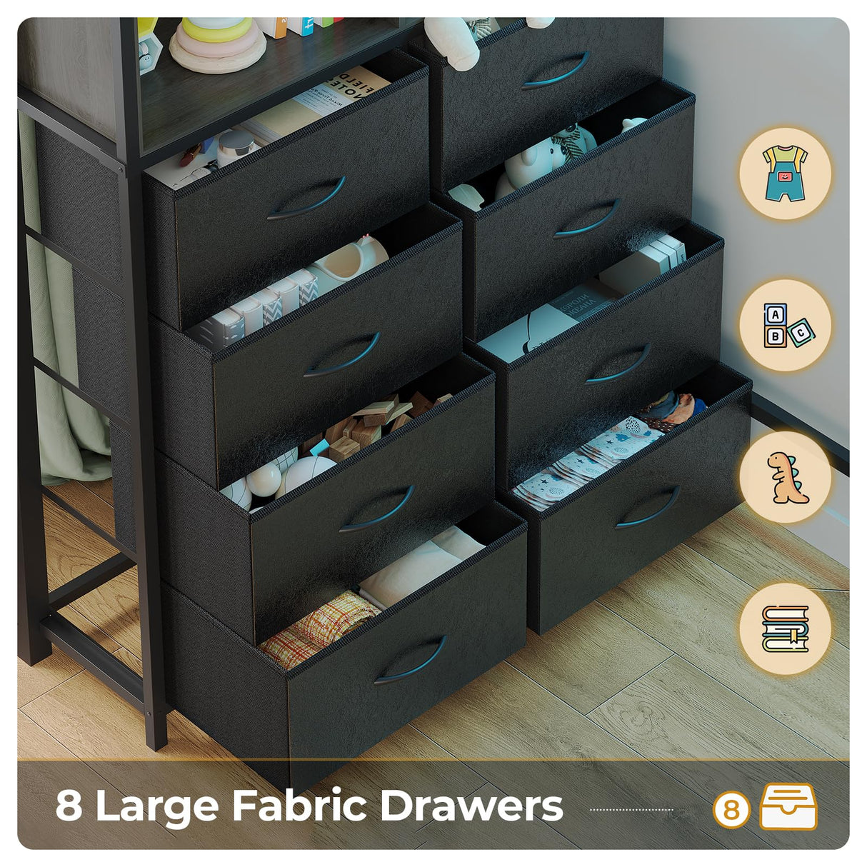 ADORNEVE Twin Size Loft Bed with Desk and 8 Storage Drawers, Metal Loft Bed Twin with LED Lights & Charging Sation, Storage Shelves, 13.1" H Safety Guard & Ladder, No Box Spring Needed, Grey ADORNEVE