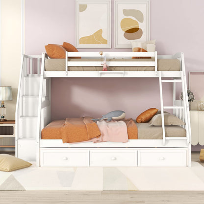 Twin-Over-Full Bunk Bed with Stairs and Storage by Harper & Bright Designs - Solid Wood Frame in White - WoodArtSupply