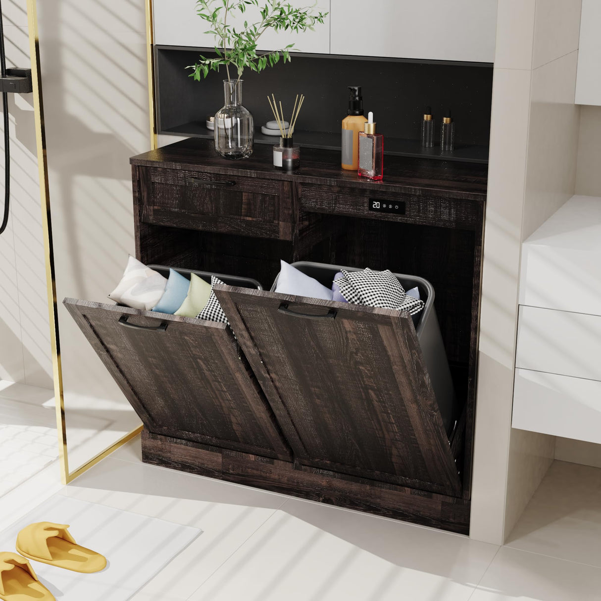 Double Tilt Out Trash Can Cabinet, Kitchen Island with Trash Can Storage, Trashcan Cabinet for Kitchens, Wood Cabinet with Trash Can Pull Out, Dog Proof Trash Can, Tilt Out Laundry Hamper, Brown LOUVIXA