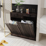 Double Tilt Out Trash Can Cabinet, Kitchen Island with Trash Can Storage, Trashcan Cabinet for Kitchens, Wood Cabinet with Trash Can Pull Out, Dog Proof Trash Can, Tilt Out Laundry Hamper, Brown LOUVIXA