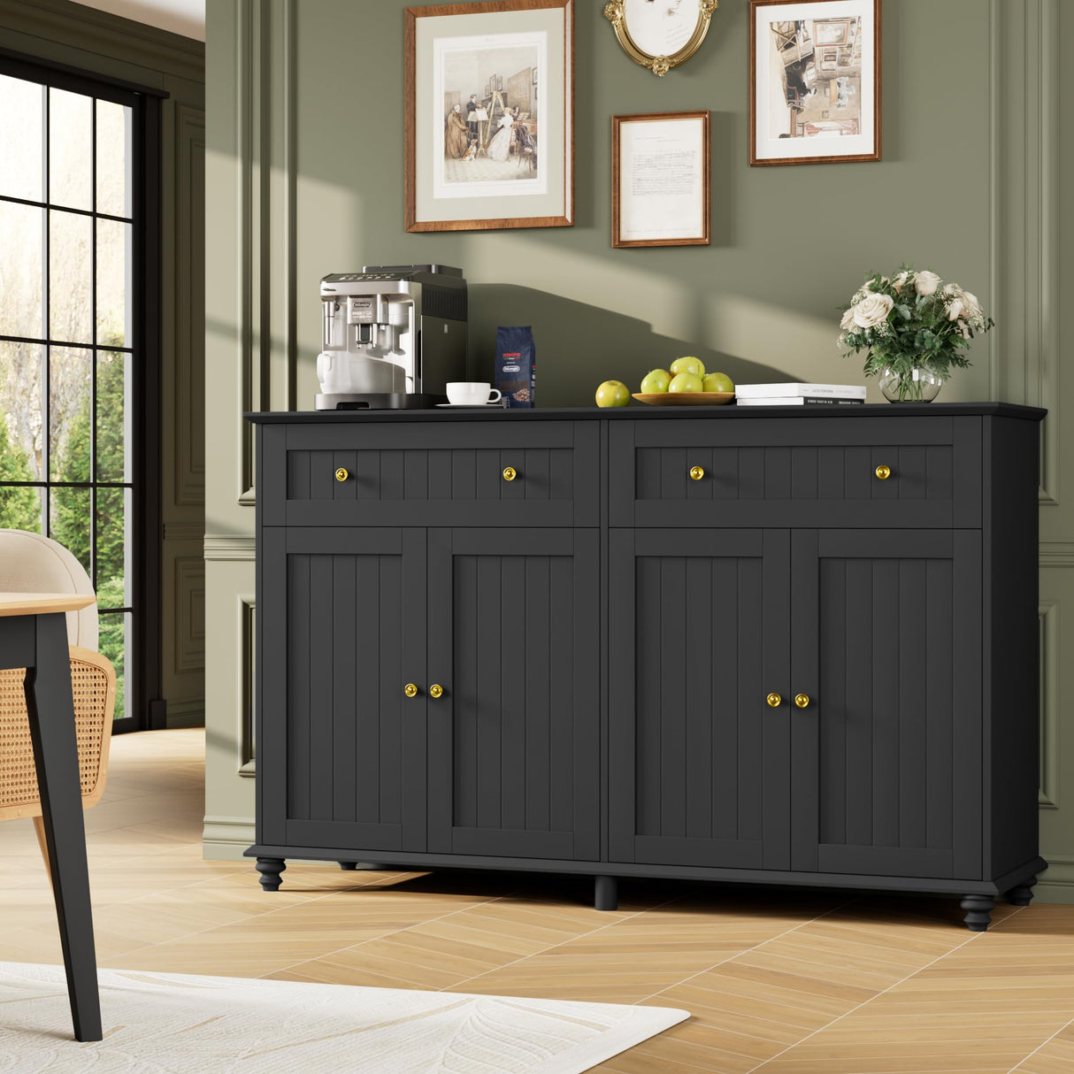 finetones Buffet Cabinet with Storage, 55.1” Large Sideboard Buffet Cabinet, Black Kitchen Cabinet Display Cabinet with 2 Drawers and 4 Doors, Wood Coffee Bar Cabinet for Kitchen Dining Room finetones