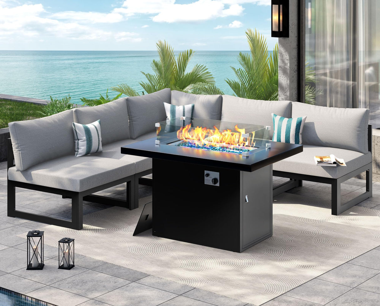 NICESOUL® 6 Piece Extra Large Grey Aluminum Frame Outdoor Patio Furniture Set with Fire Pit Table, 29'' Deep Wide Seating Sofa Conversation, L Shape Modular Sectional Couches for Backyard, Light Grey NICESOUL
