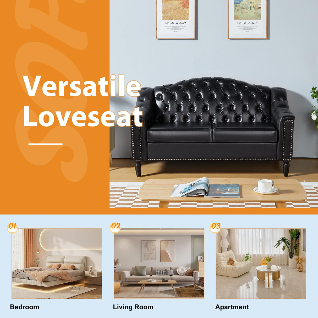 Chesterfield Loveseat, 55" Leather Love Seat Sofa, Comy Small Sofa Counch with Camelback for Small Spaces, Mid Century Modern 2 Deep Seats Couch for Apartment Living Room, Bedroom (PU-Loveseat, Black) SUJOUCRAFT