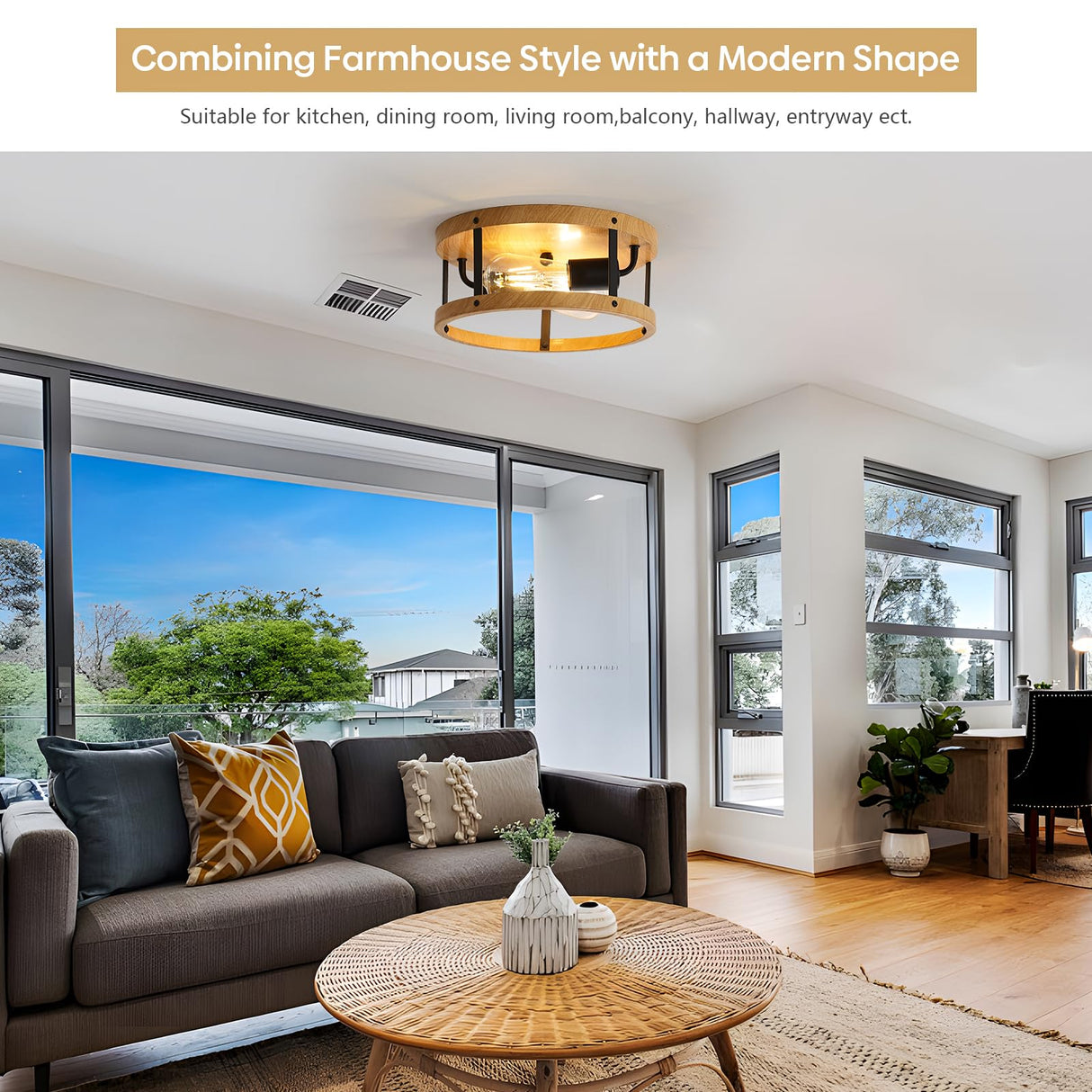 DOXVIEZE 2-Light Retro Close to Ceiling Light, Wood Finish Flush Mount Ceiling Light with Black Metal, Easy Assembled, Industrial Round Farmhouse Ceiling Lamp for Hallway Entryway Bedroom DOXVIEZE