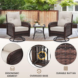 wildformers 2 Luxury Outdoor Swivel Wicker Glider Patio Chairs with Table Set, Overstuffed Washable Cushions, Ideal for Porch, Balcony, Deck, Brown Rattan and Beige Cushions wildformers