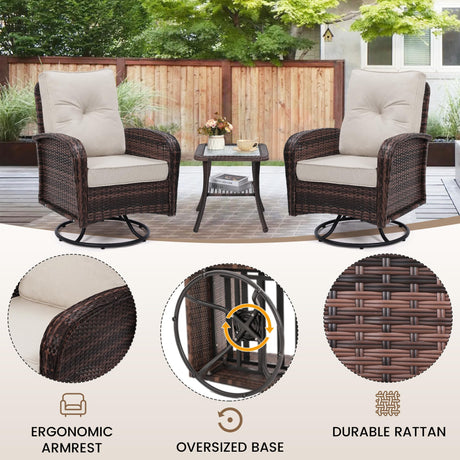 wildformers 2 Luxury Outdoor Swivel Wicker Glider Patio Chairs with Table Set, Overstuffed Washable Cushions, Ideal for Porch, Balcony, Deck, Brown Rattan and Beige Cushions wildformers