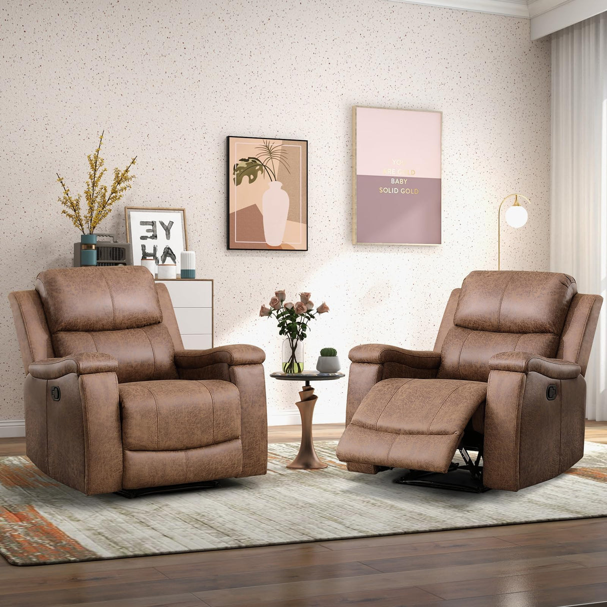 CANMOV Leather Recliner Chair Set of 2, Classic and Traditional Manual Recliner Chair with Overstuffed Arms and Back, Manual Single Sofa with Concealed Cup Holders,Nut Brown CANMOV