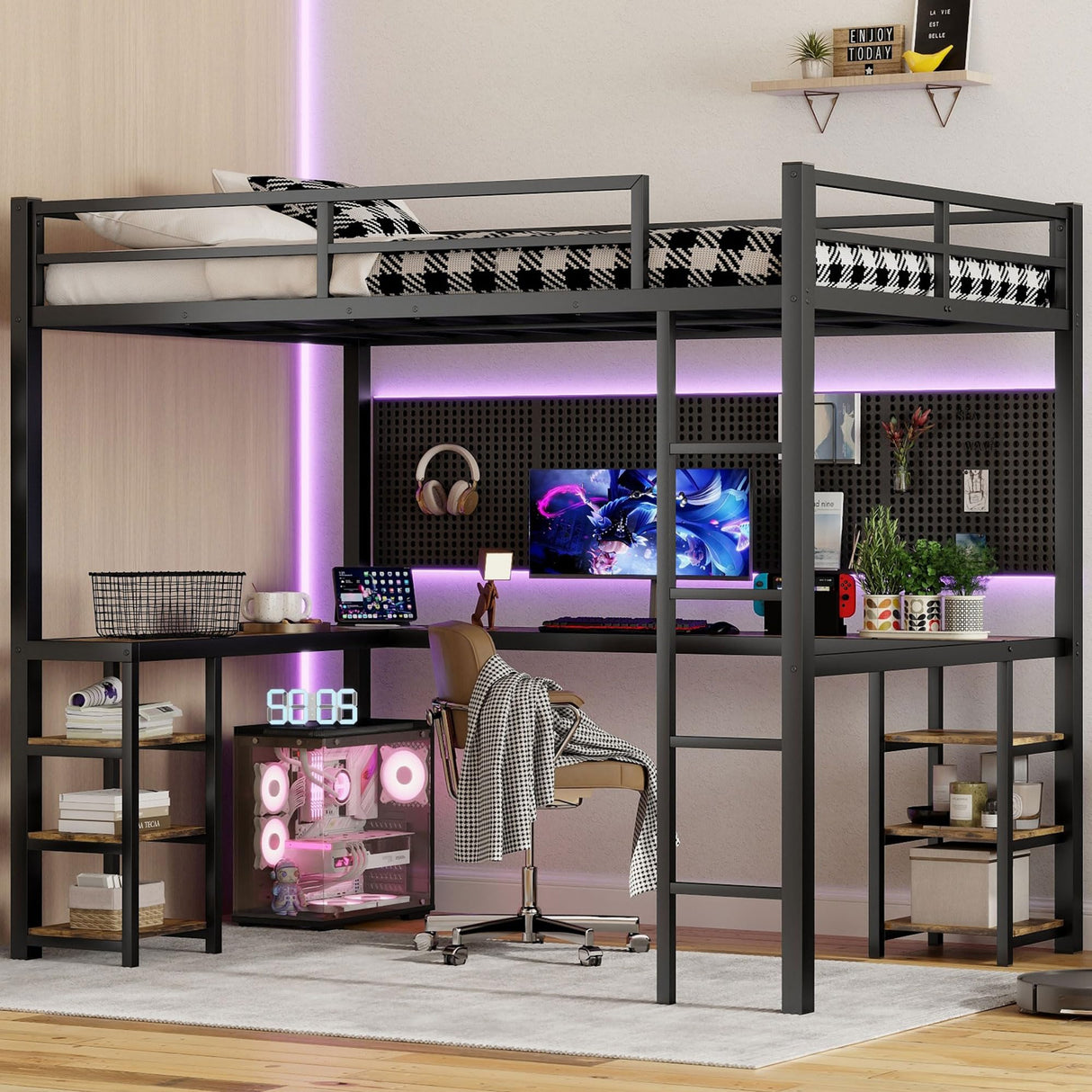 Full XL Loft Bed with Desk and Storage Shelves, Heavy Duty Loft Bed with Desk and Ladder, Full XL Loft Bed for Kids, Teens(Vintage Desk) Bellemave