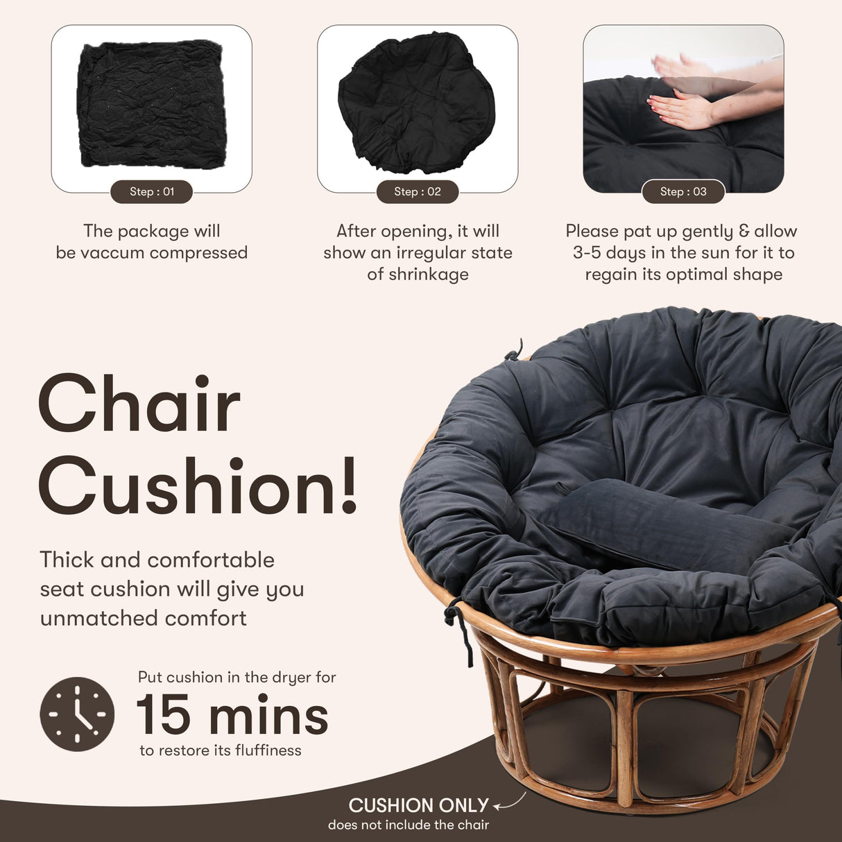Disker Papasan Chair Cushion - 52 inch - Without Chair (Onyx Black) Disker