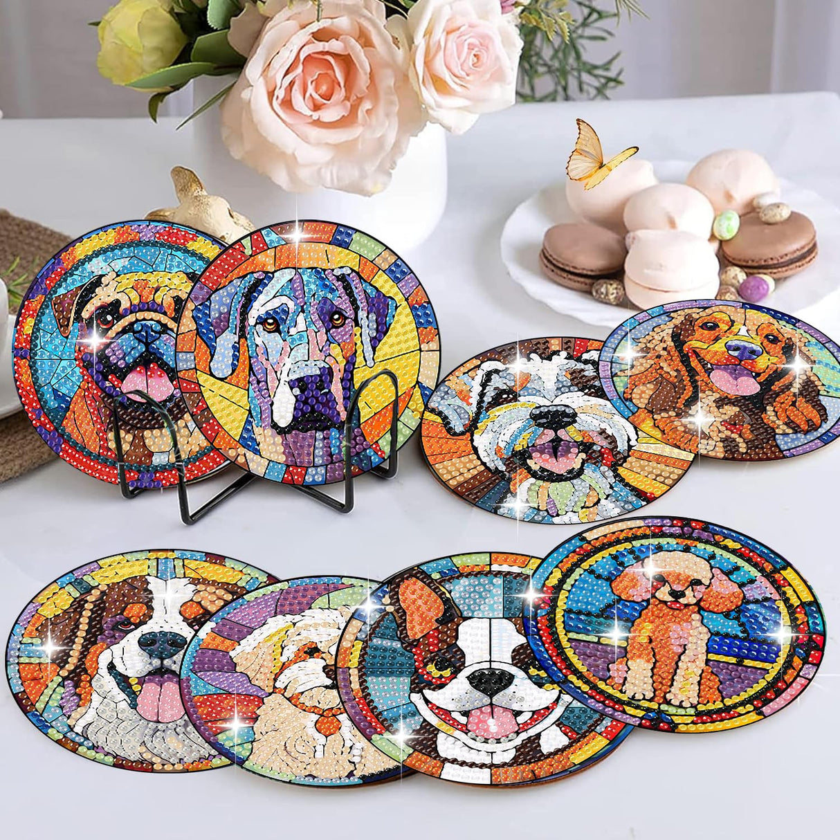 Zythron 8 PCS Dog Diamond Art Coasters Diamond Painting Coasters Kits with Holder Dog DIY Coaster for Beginners, Adults, Diamond Art Crafts Supplies 4x4 in Zythron
