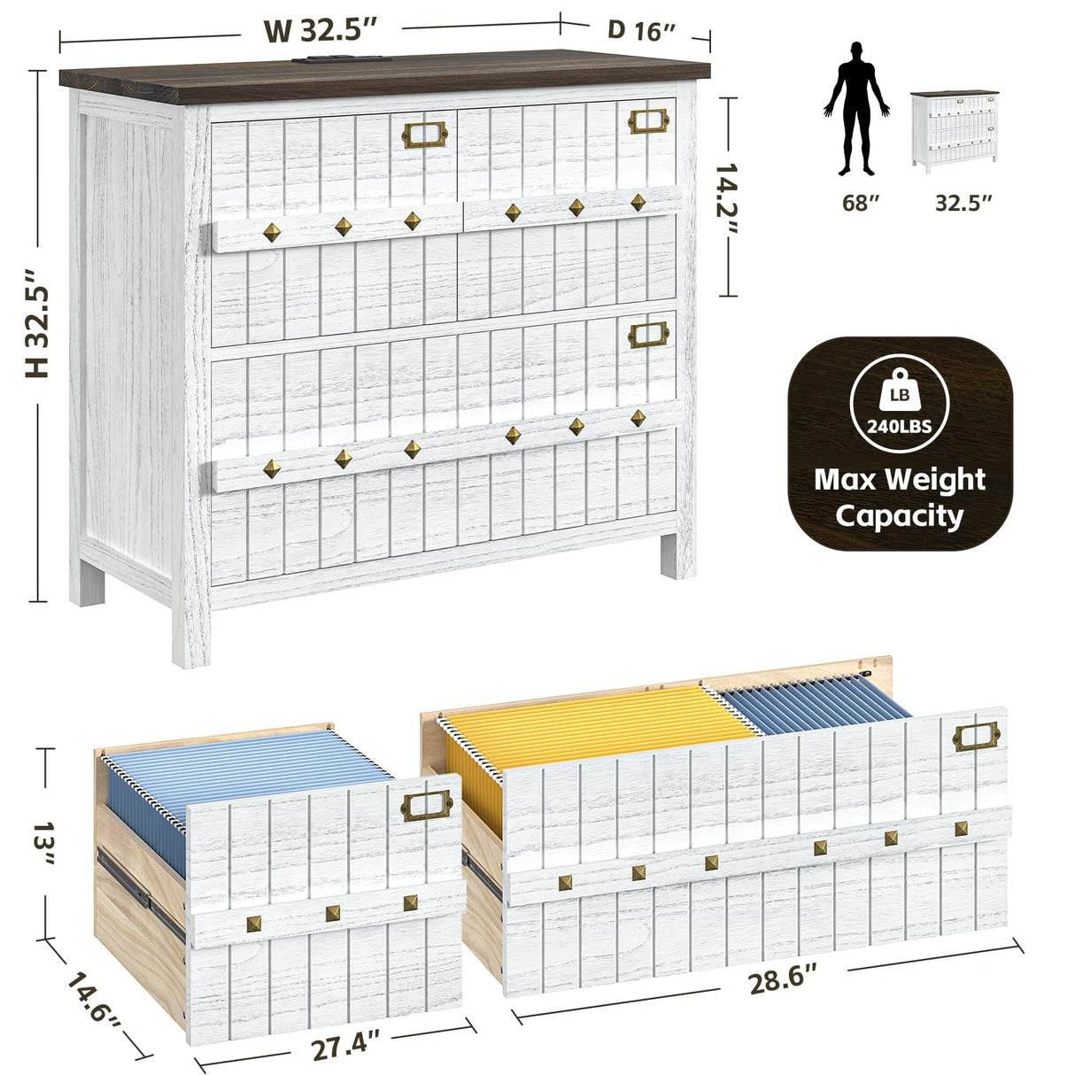 TVU Farmhouse 3 Drawer File Cabinet with Charging Station, Solid Lateral Filing Cabinet for Home Office, Office Organizer for Legal/Letter/A4/Folders File - Beside Desk Printer Stand TVU