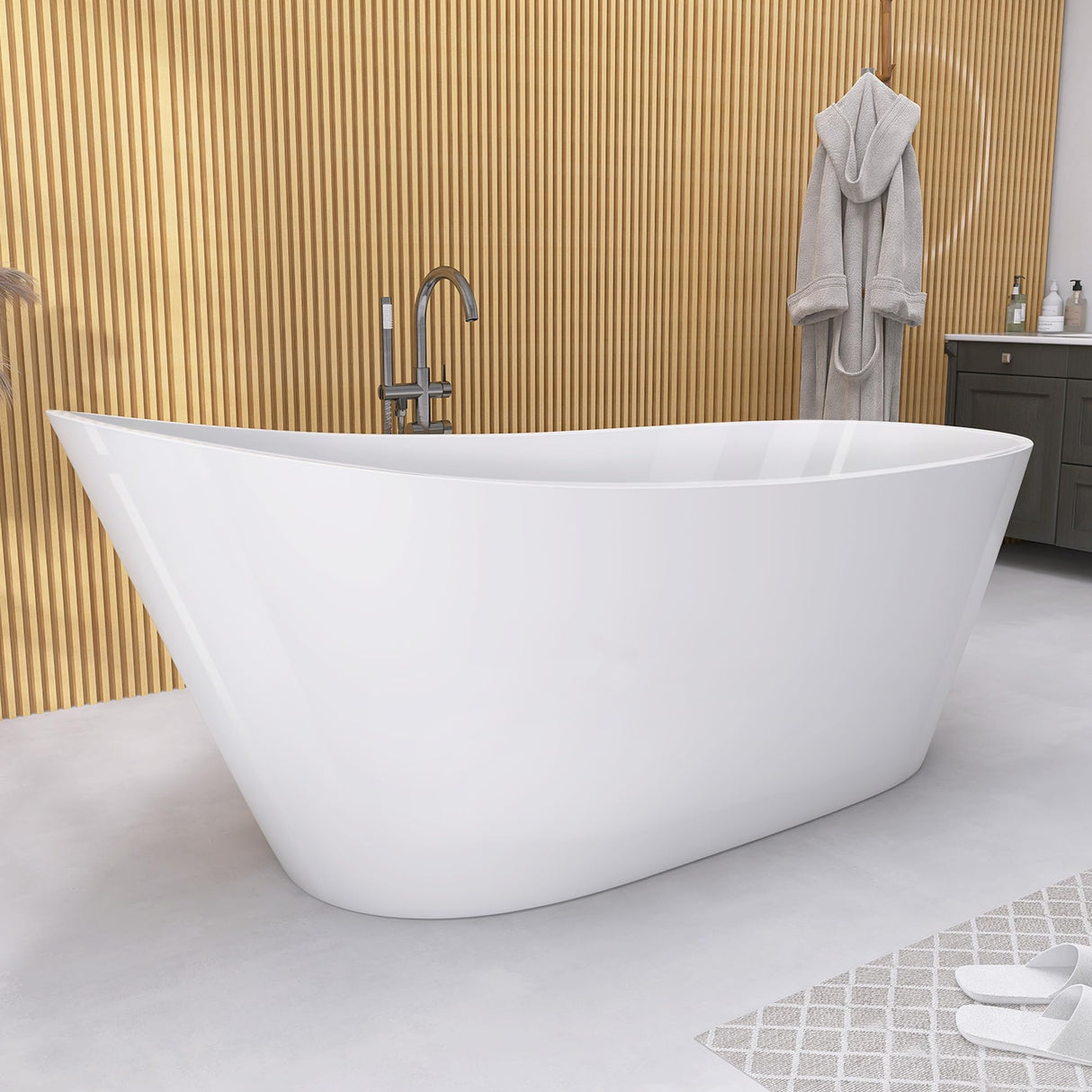 GETPRO Free Standing Tub 59" Acrylic Freestanding Bathtub, Adjustable Soaking Bath Tub Oval Shape with Integrated Slotted Overflow and Chrome Anti-clogging Drain Glossy White GETPRO