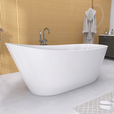 GETPRO Free Standing Tub 59" Acrylic Freestanding Bathtub, Adjustable Soaking Bath Tub Oval Shape with Integrated Slotted Overflow and Chrome Anti-clogging Drain Glossy White GETPRO
