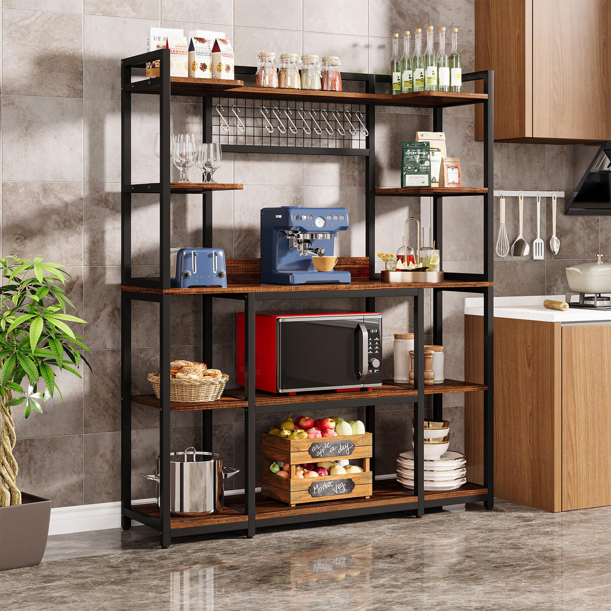 Tribesigns Kitchen Bakers Rack, 5-Tier Microwave Stand with Metal Frame, 55" Wide Kitchen Storage Shelf, Large Coffee Bar Station Baker's Rack with 11 Hooks, Rustic Brown Tribesigns