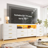 EnHomee 12 Drawer Dresser TV Stand for 65 70 75 Inch TV, 63" W Extra Long White Dresser for Bedroom with LED Lights & Power Outlets, Entertainment Center with Drawers, Fabric Dresser for Closet EnHomee