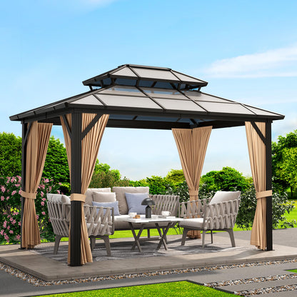 GarveeLife 10x13ft Hardtop Gazebo, Outdoor Polycarbonate Double Roof Canopy, Aluminum Frame Permanent Pavilion with Curtains and Netting, Sunshade for Garden, Patio, Lawns (Brown)