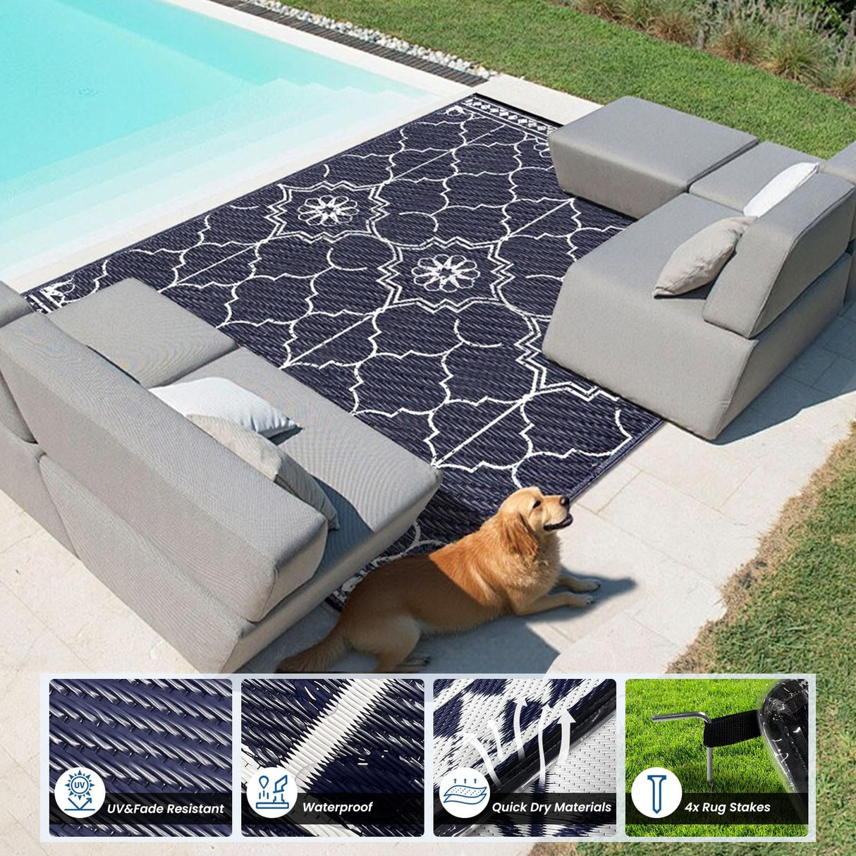 9x12Ft Outdoor Rug, Solar Powered Outdoor Rug with 131LEDs Strip Lights for House Deck, Waterproof Plastic Reversible Outdoor Straw Rugs, Rugs Mat RV Camping Patio Beach Balcony Picnic (Blue White) Capybland