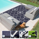 9x12Ft Outdoor Rug, Solar Powered Outdoor Rug with 131LEDs Strip Lights for House Deck, Waterproof Plastic Reversible Outdoor Straw Rugs, Rugs Mat RV Camping Patio Beach Balcony Picnic (Blue White) Capybland