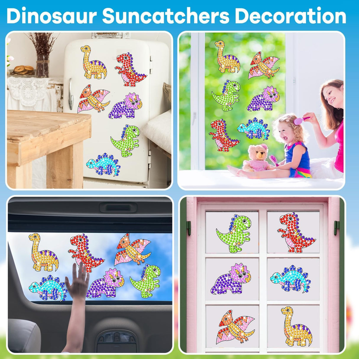 Qyeahkj 6 Pcs Dinosaur Arts Crafts DIY Dino Gem Diamond Suncatcher Crafts for Kids Dinosaur Diamond Painting Gifts Exchange for Kids Aged 4 6 8 10 12 for Home School Party Decor Qyeahkj
