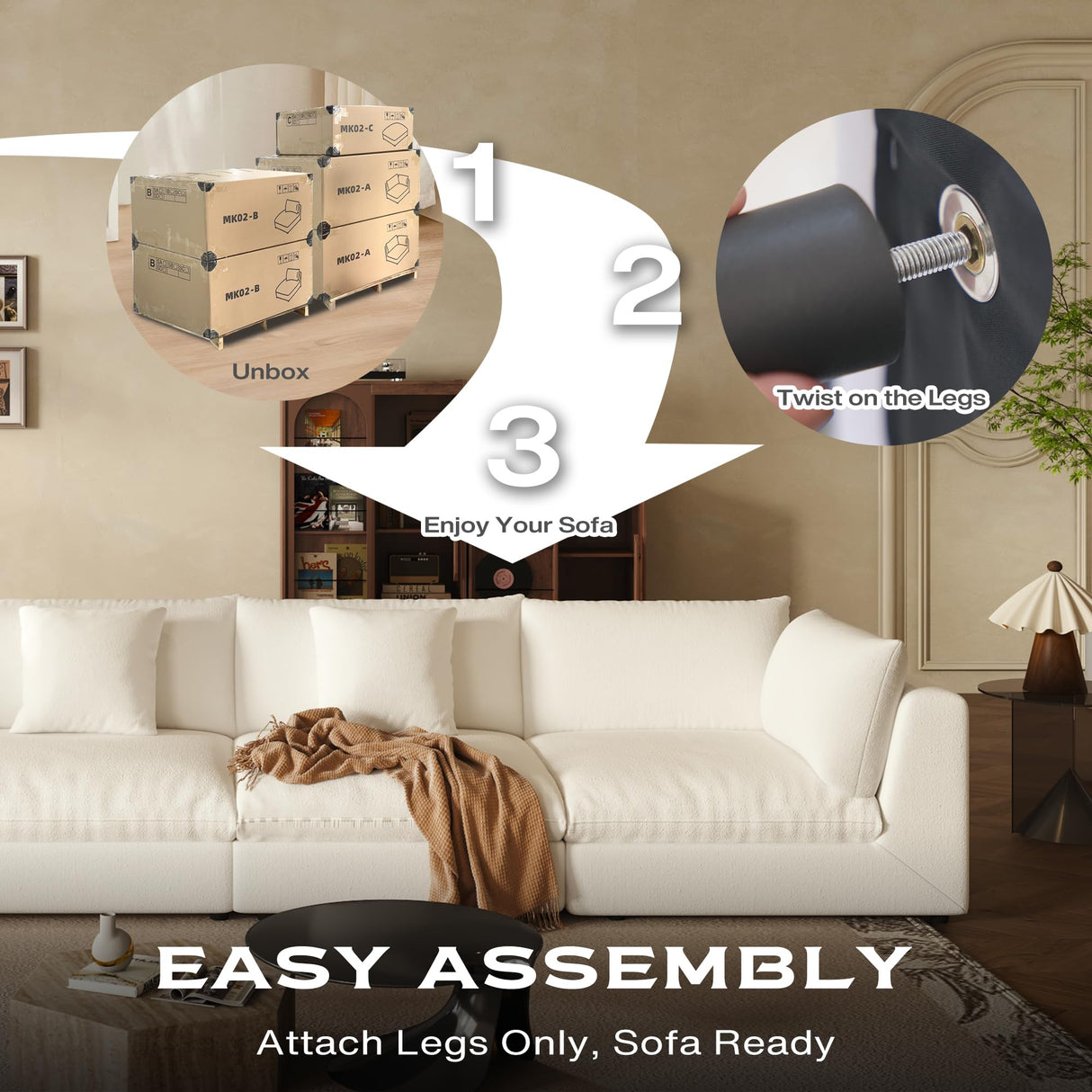 Fajiani Oversized Modular Sectional Sofa,Cloud Couch Deep Seat Sofa Cushion Covers Removable, Oversized Sectional Couches for Living Room (3 Seater+1 Ottoman-Cream White) Fajiani