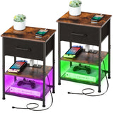 LAKEMID Nightstands Set of 2 with Charging Station and Drawer, End Table Side Table with 20 Colors LED Light Strip and 2 Layers Shelf for Bedroom Living Room Sofa (Rustic Brown) LAKEMID