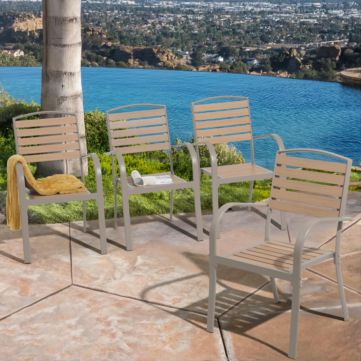 i-VTIES Patio Dining Chairs Set of 4,Outdoor Stackable Dining Chairs with Backrest & Armrest,Aluminum Frame Patio Furniture Chairs for Garden,Backyard,Lawn & Deck,Teak i-VTIES