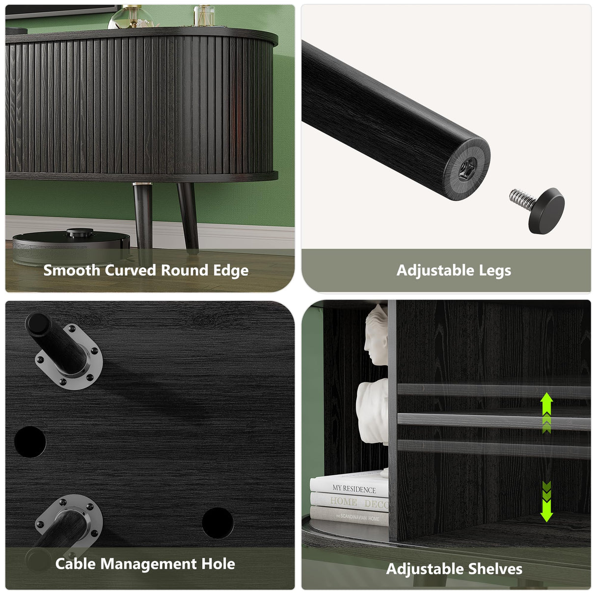 Mid Century Modern TV Stand for 75/65/55 inch TV, Farmhouse TV Stand with Charging Station, Fluted Entertainment Center with Storage and Sliding Doors, TV and Media Consol for Living Room, Black, 69" Syvella