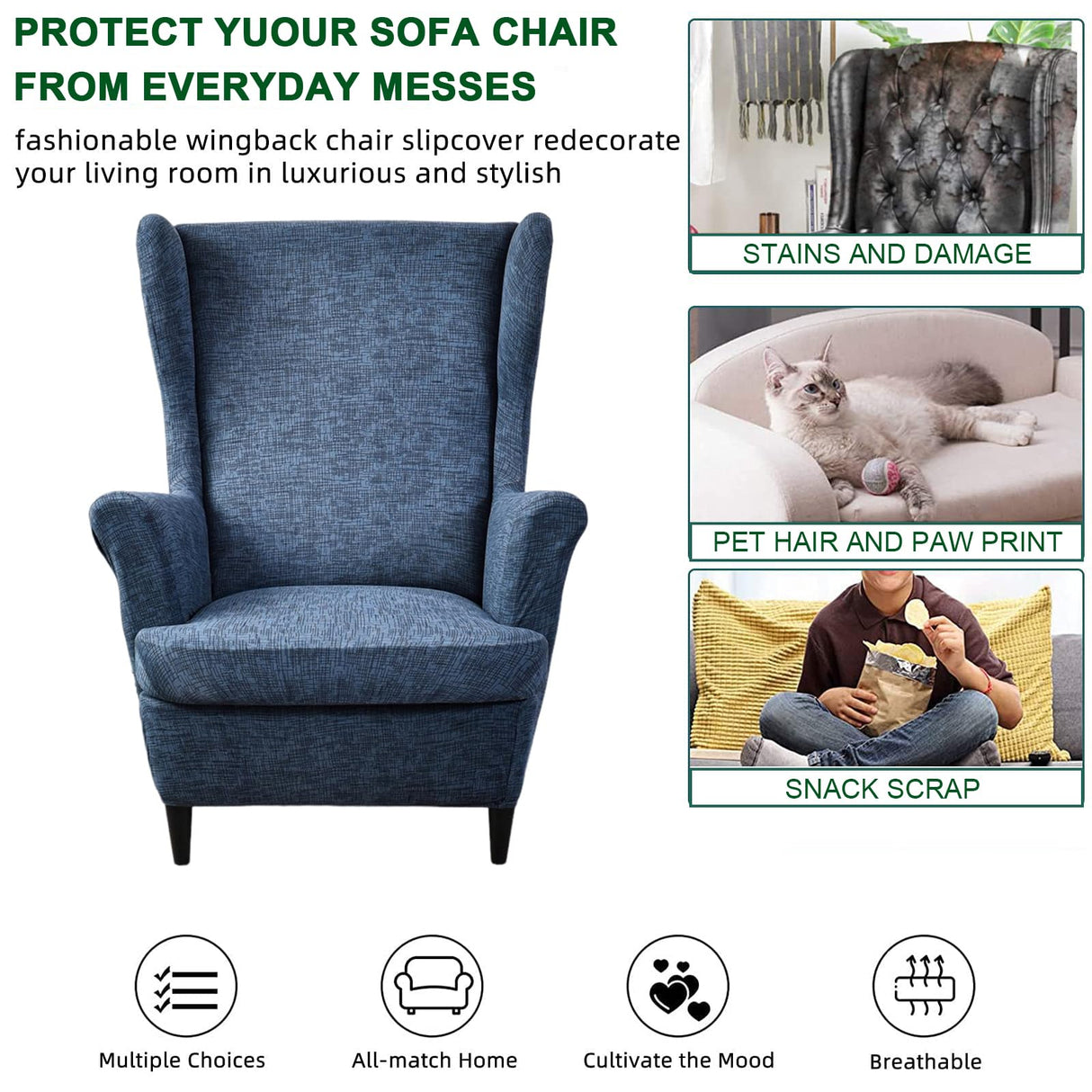 CRFATOP Printed Wing Chair Slipcovers 2 Piece Stretch Wingback Chair Cover Spandex Fabric Wingback Armchair Covers with Elastic Bottom for Living Room Bedroom Wingback Chair,A02 CRFATOP