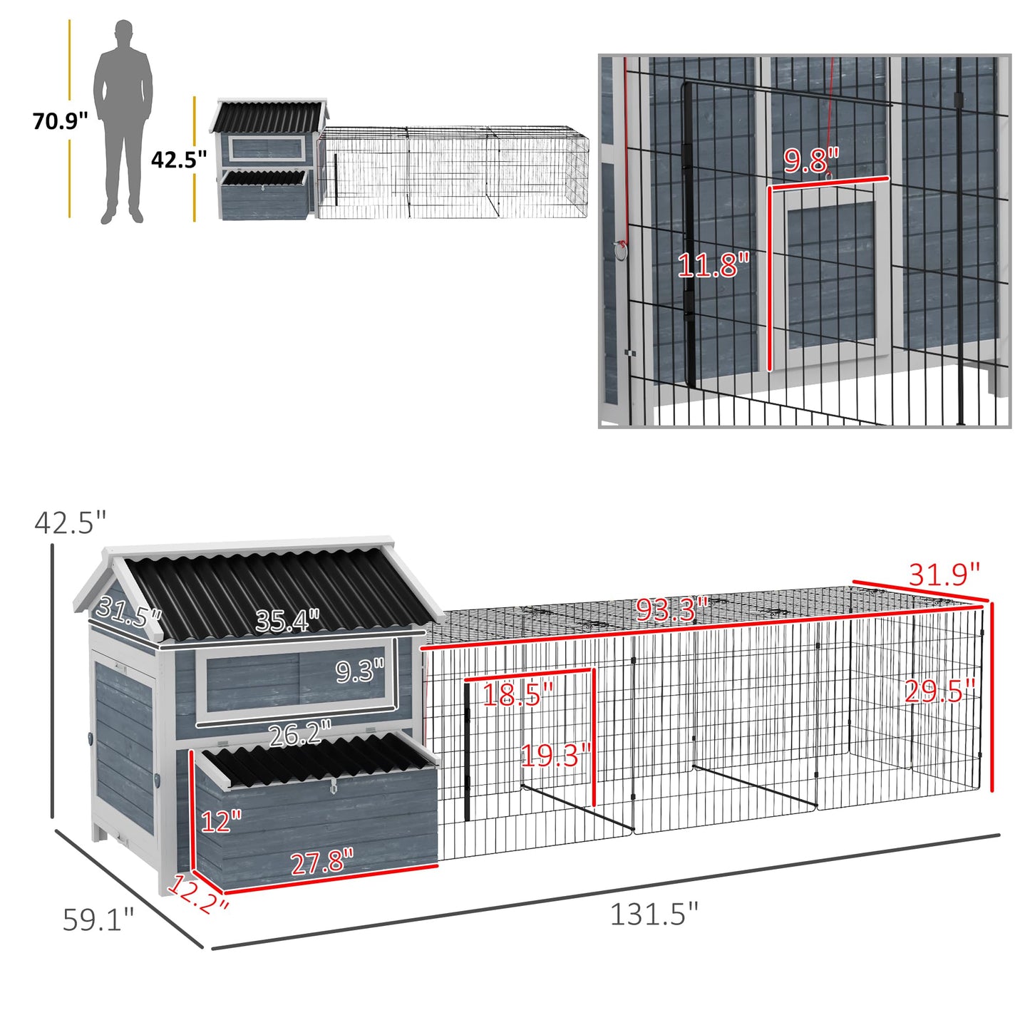 PawHut 11' x 5' x 3.5' Wooden Chicken Coop with Nesting Box, Outdoor Poultry Cage with Run for 4 Chickens with Pull-Out Tray, Perches for Duck, Dark Gray - WoodArtSupply