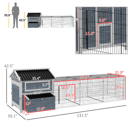 PawHut 11' x 5' x 3.5' Wooden Chicken Coop with Nesting Box, Outdoor Poultry Cage with Run for 4 Chickens with Pull-Out Tray, Perches for Duck, Dark Gray - WoodArtSupply