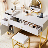 AWQM White Makeup Vanity Desk with Stools,Rattan Vanity Table Set with Power Outlet,Makeup Table Dressing Table with Drawers & Cabinet, Small Vanity Table for Bedroom with Storage,Without Mirror AWQM