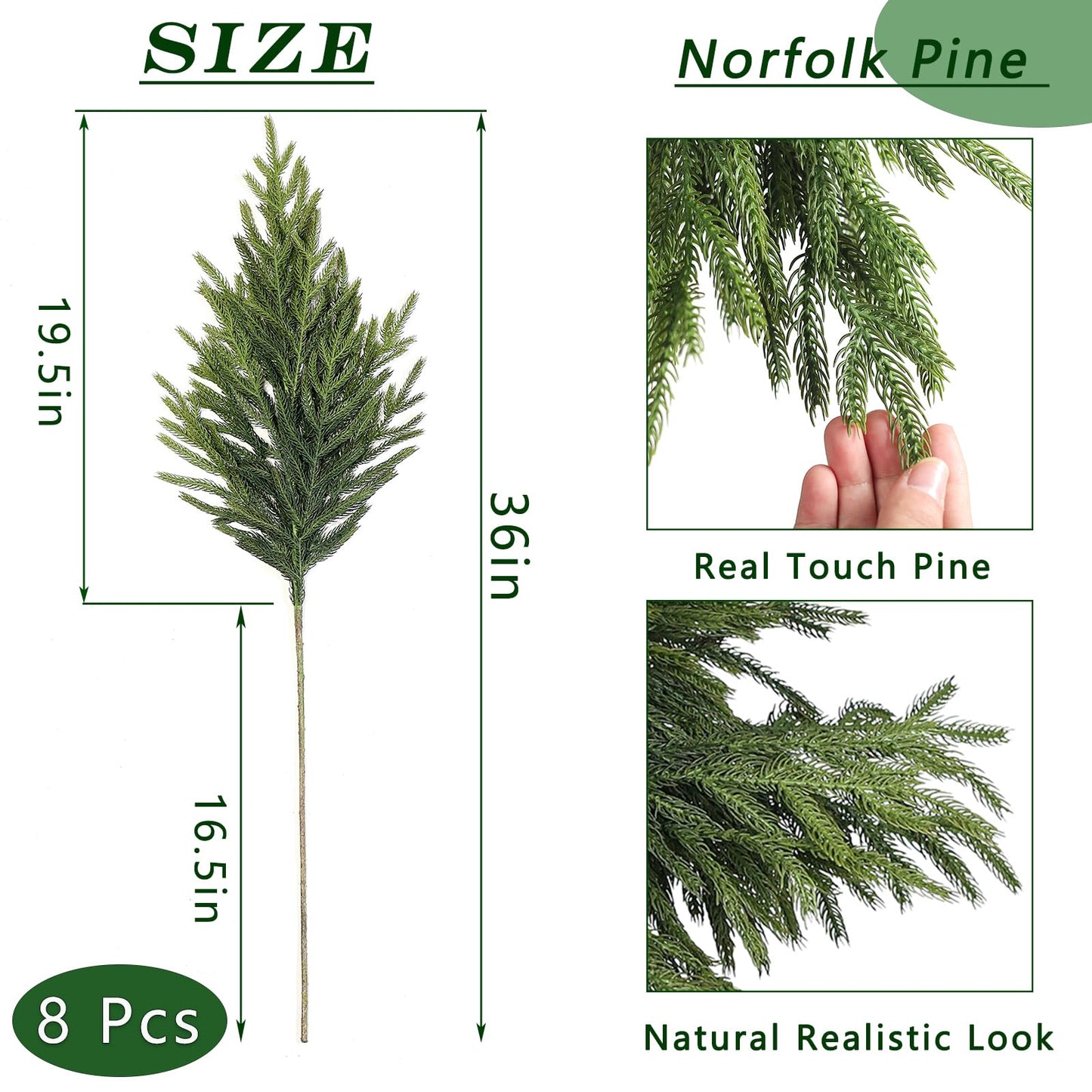 FOTEEWL Real Touch Norfolk Pine Branch - 36" Artificial Christmas Green Plants Branches Faux Greenery Stem Fake Pine Picks for DIY Crafts Garland Wreath Xmas Indoor Outdoor Home Decor (8 Pcs)