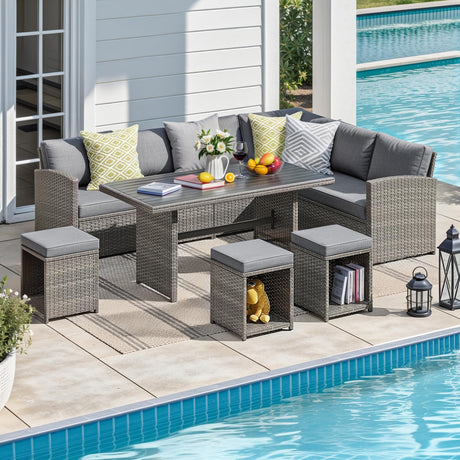JOIVI Outdoor Patio Furniture Set, 7 Piece Patio Dining Sofa Set, Outdoor Sectional Couch Conversation Set All Weather Wicker Rattan Aluminum Desktop Dining Table & Chair with Ottomans, Gray Cushion JOIVI