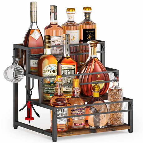 LOTEYIKE 3 Tier Wine Rack Countertop Liquor Cabinet Bottle Display Shelf Home Retro Bar Shelf Stand for Liquor Whiskey LOTEYIKE
