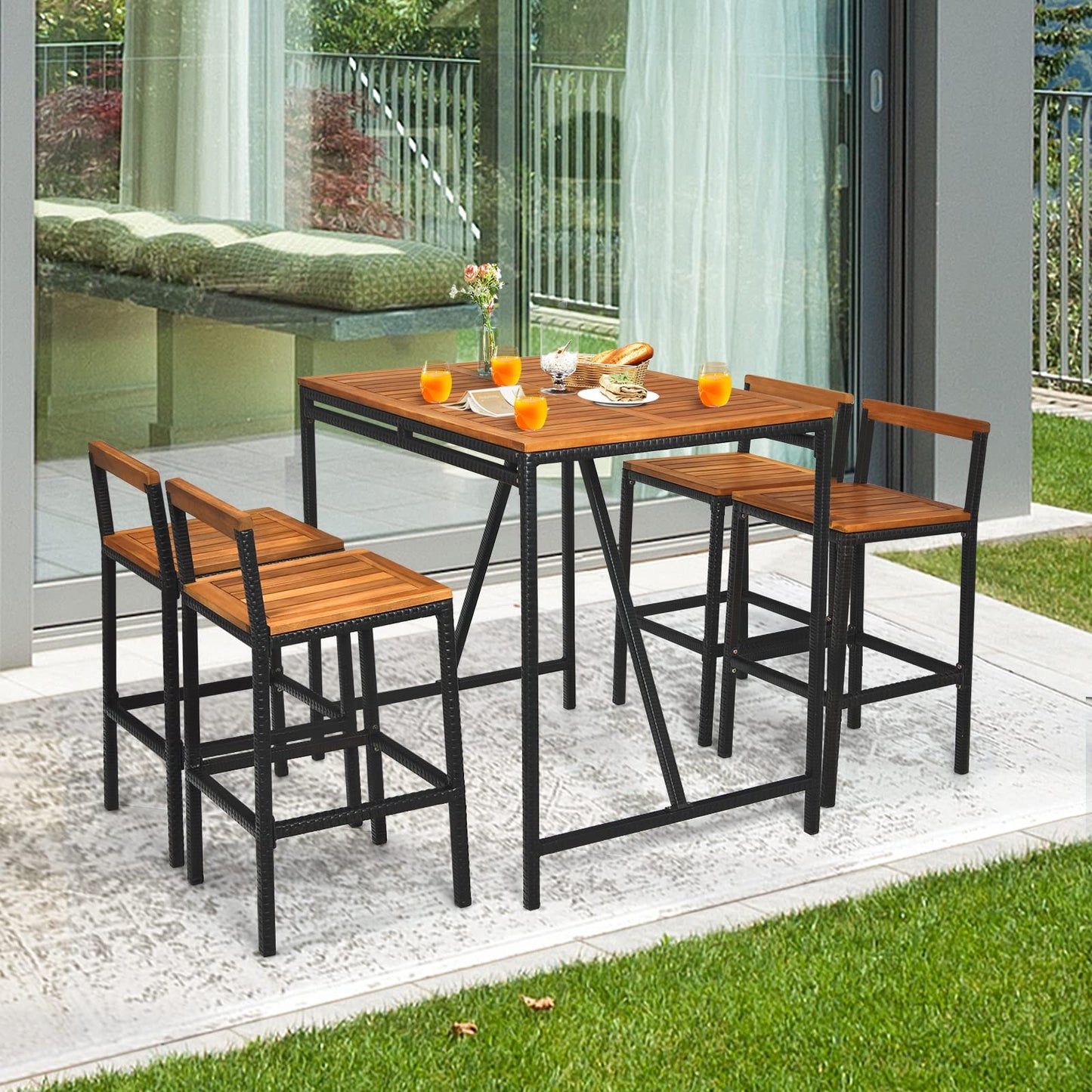 Tangkula 5-Piece Black Acacia Wood Bar Table Set with Rattan Stools and Umbrella Hole for Outdoor Spaces