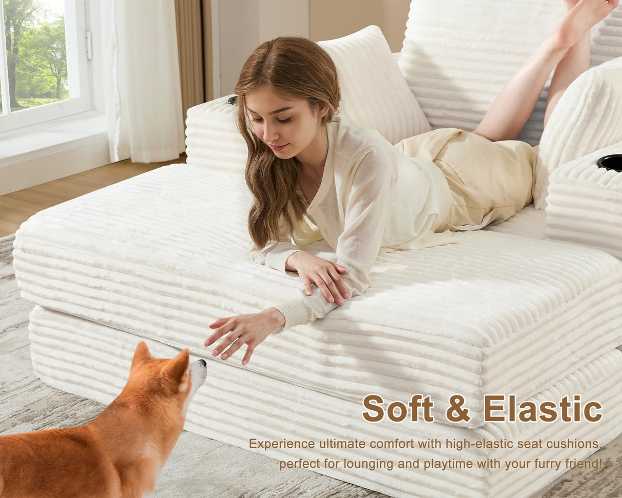 Busaurus 62" Oversized Chaise Lounge Chair Indoor, Fluffy Corduroy Upholstered Boneless Couch, Convertible Sleeper Sofa Bed & Reading Chair, Cloud Sofa Couches for Living Room, No Assembly, Beige Busaurus