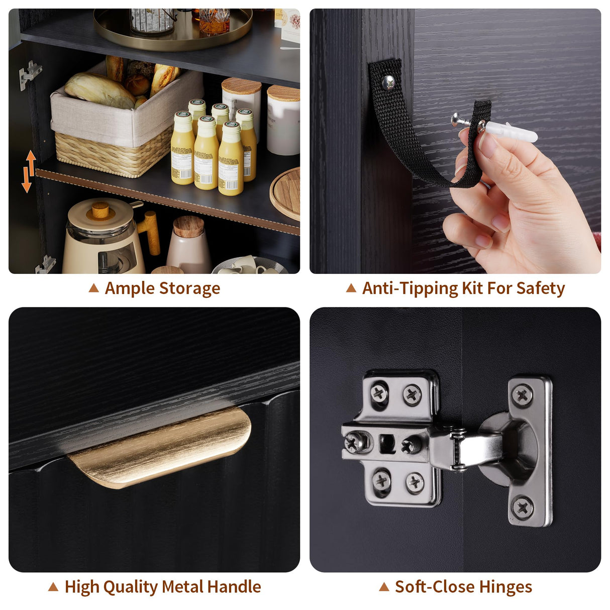 LYNCOHOME 71 Inch Fluted Arched Cabinet with Doors, Tall Storage Cabinet, Oak Wood Finish, Adjustable Shelves, Arched Bookcase for Dining Room,Kitchen（Black） LYNCOHOME