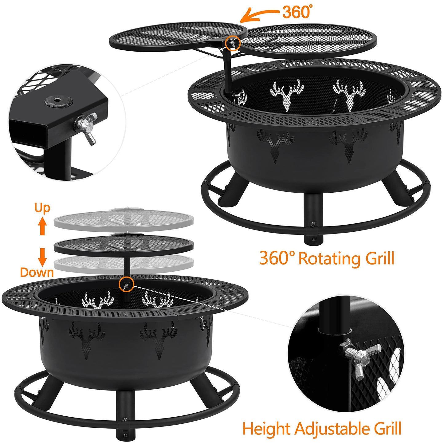 Yaheetech 32in Fire Pit Outdoor Wood Burning Firepits Outdoor Fireplace with 18.5 Inch Swivel Cooking Grill Grate & Poker Fire Bowl for Camping, Backyard, BBQ, Garden, Bonfire - WoodArtSupply