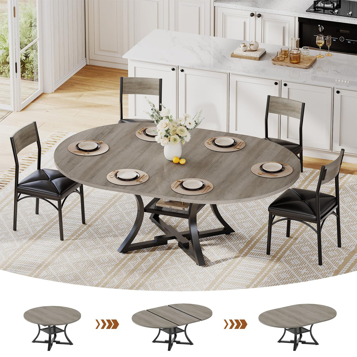 Itaar Round Extendable Dining Table Set for 4-6 People, 5-Piece Kitchen Table Set with 4 Cushion Chairs, Dining Room Table for 6 with MDF Board & Metal Frame for Small Space, Easy Clean, Rustic Grey Itaar