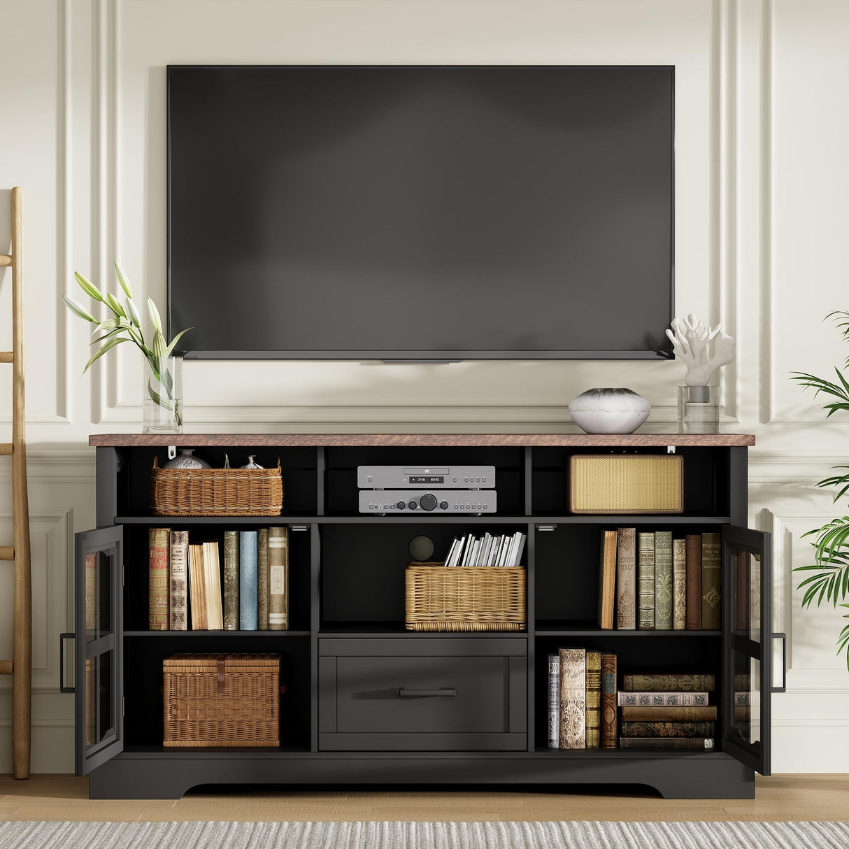 ChooChoo 2-Piece Living Room Table Set - Includes TV Stand with Storage for 75" TV, Lift-top Coffee Table with Storage and Hidden Compartment, Black & Espresso ChooChoo