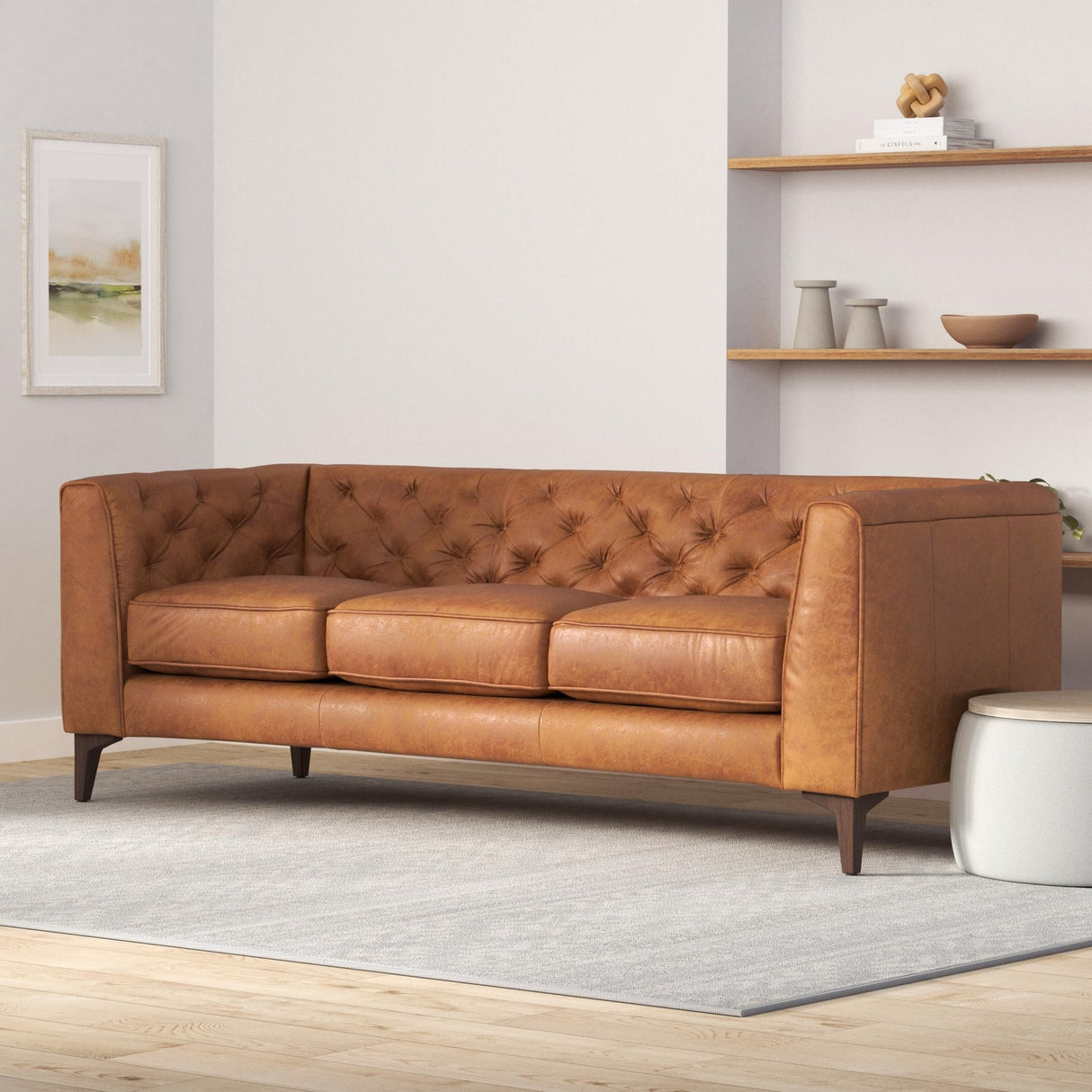 Poly & Bark Essex Leather Couch – 89-Inch Sofa with Tufted Back - Full Grain Leather Couch with Feather-Down Topper On Seating Surfaces – Vintage Pure-Aniline Italian Leather – Cognac Tan POLY & BARK